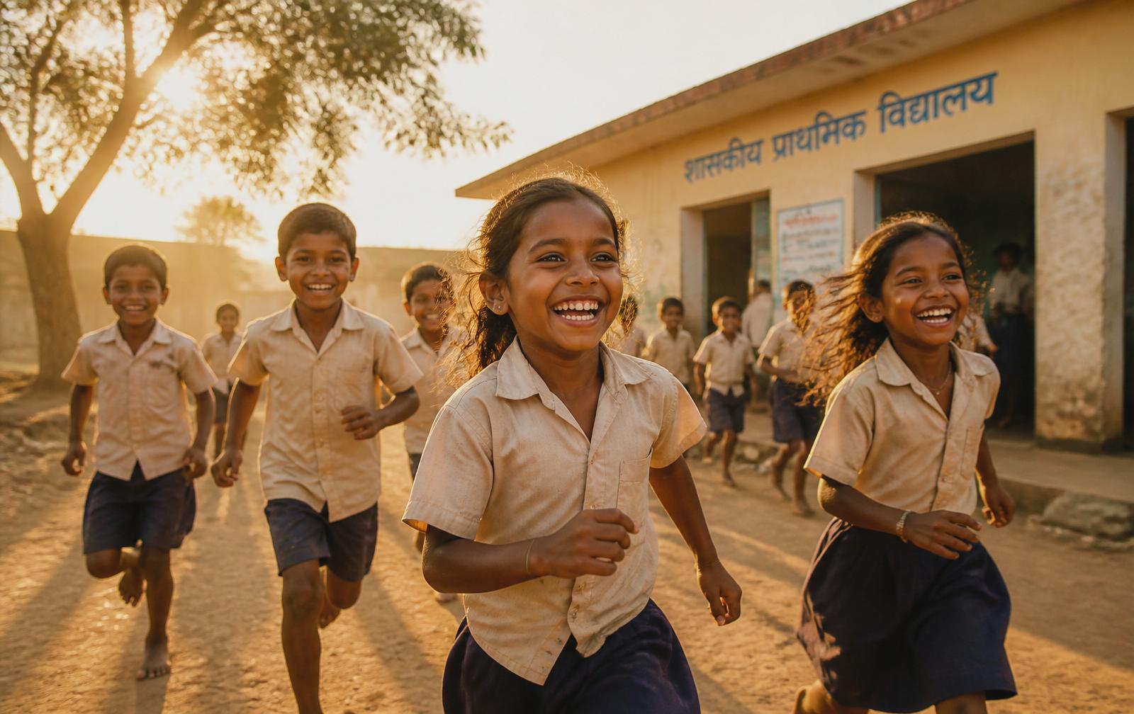 Children run laughing outside a rural school at golden hour