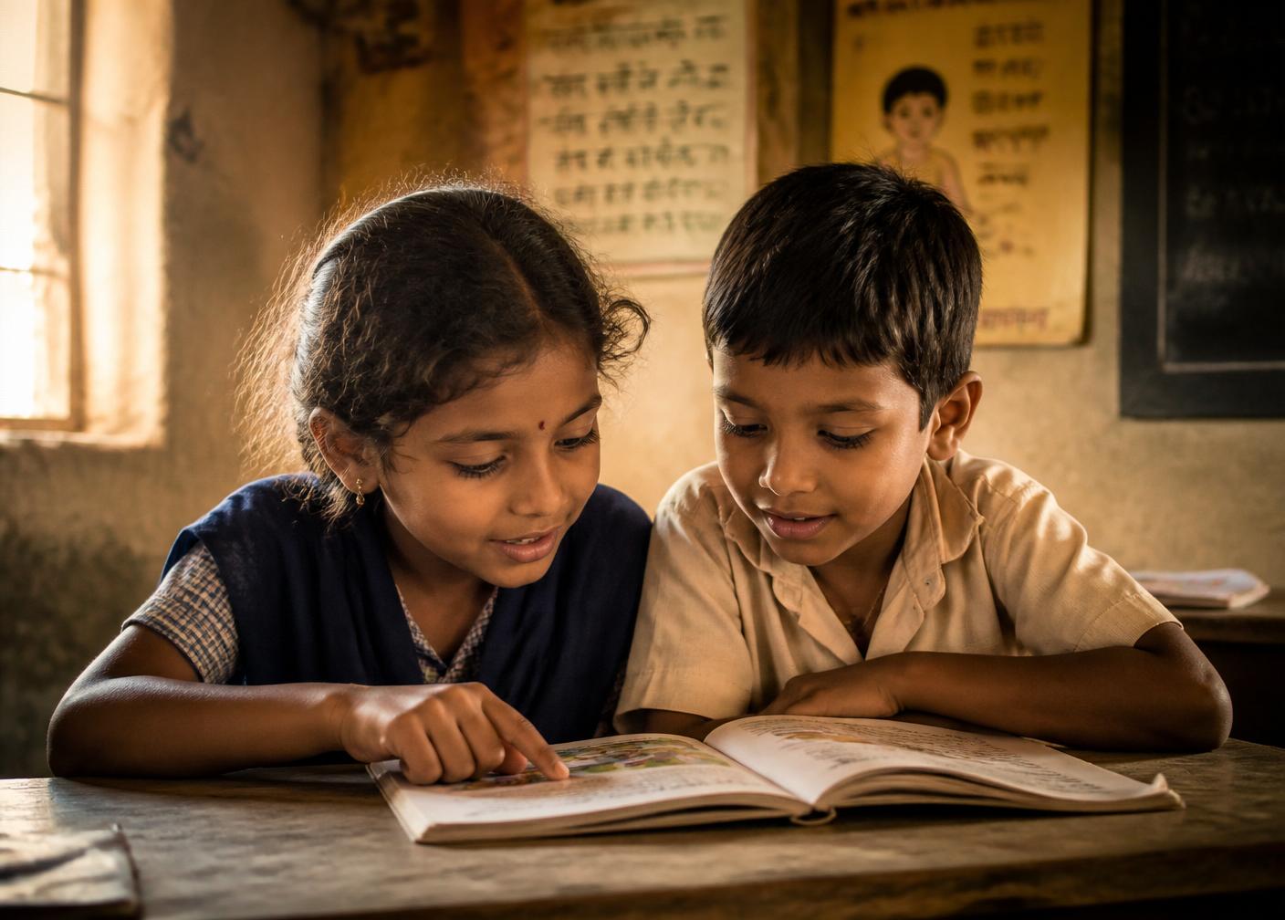 Two children read together at a wooden desk