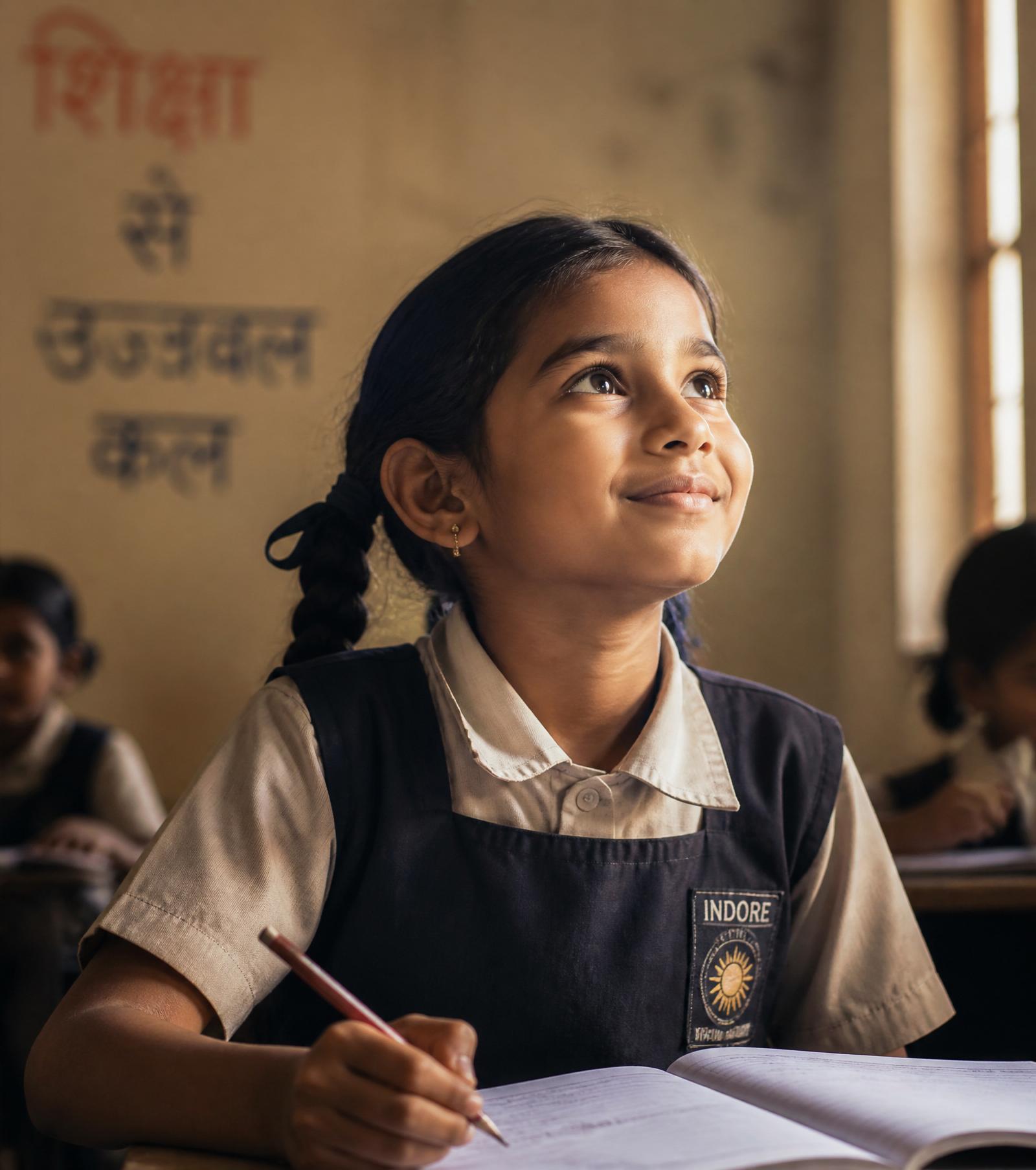 A schoolgirl in Indore looks up hopefully in her classroom